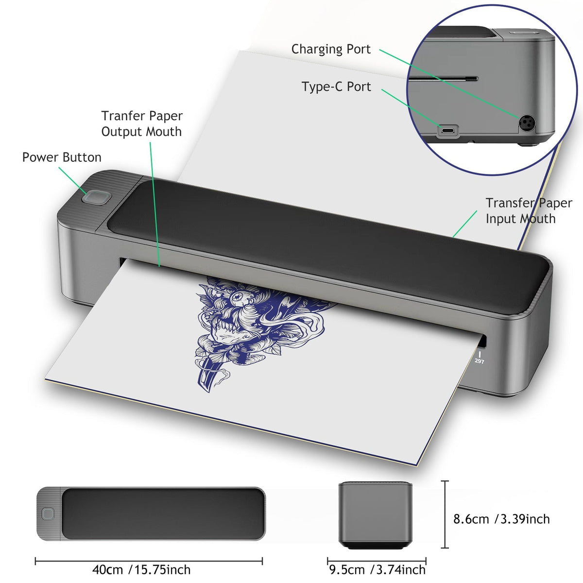 Upgraded A3 Bluetooth Tattoo Stencil Printer Portable Tattoo Transfer Machine for Large-Scale Tattoo Stencil