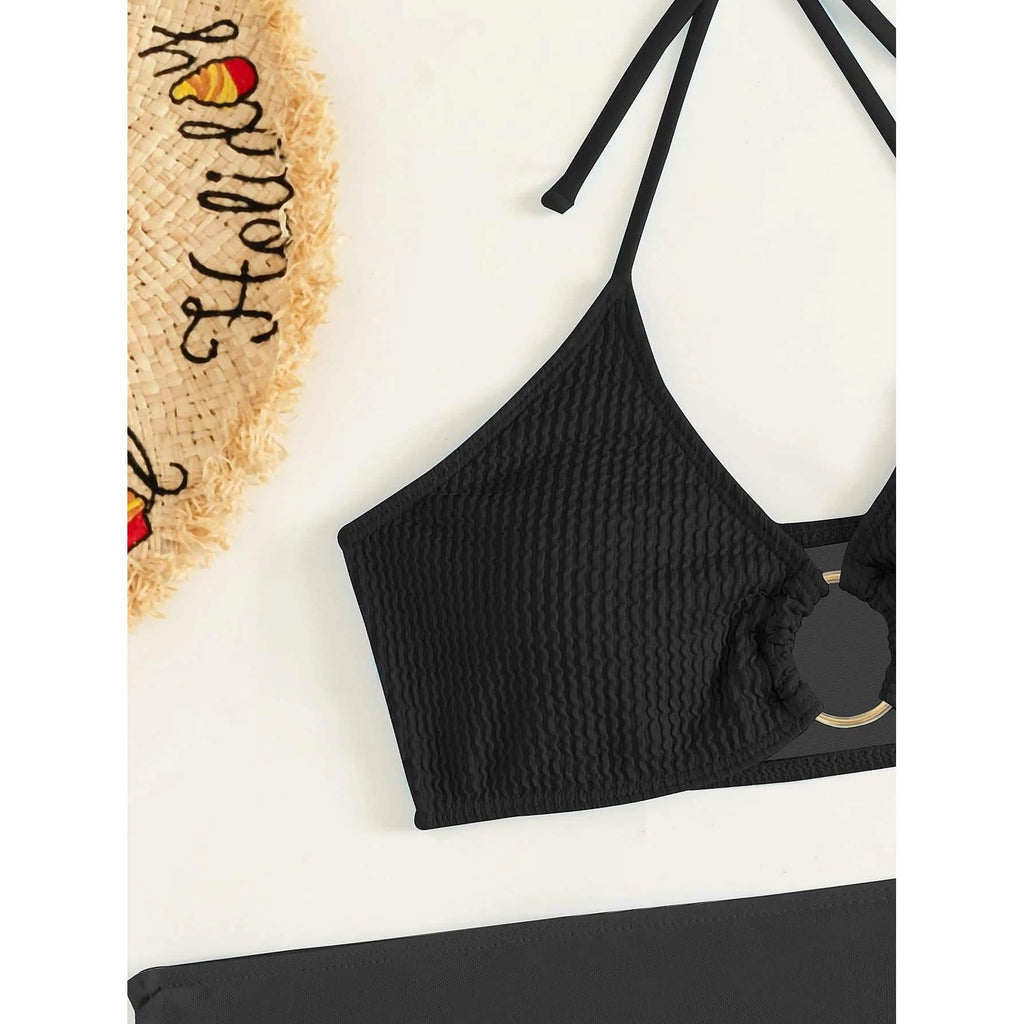 3-Pack: Textured Ring Linked Halter Bikini Swimsuit & Beach Skirt