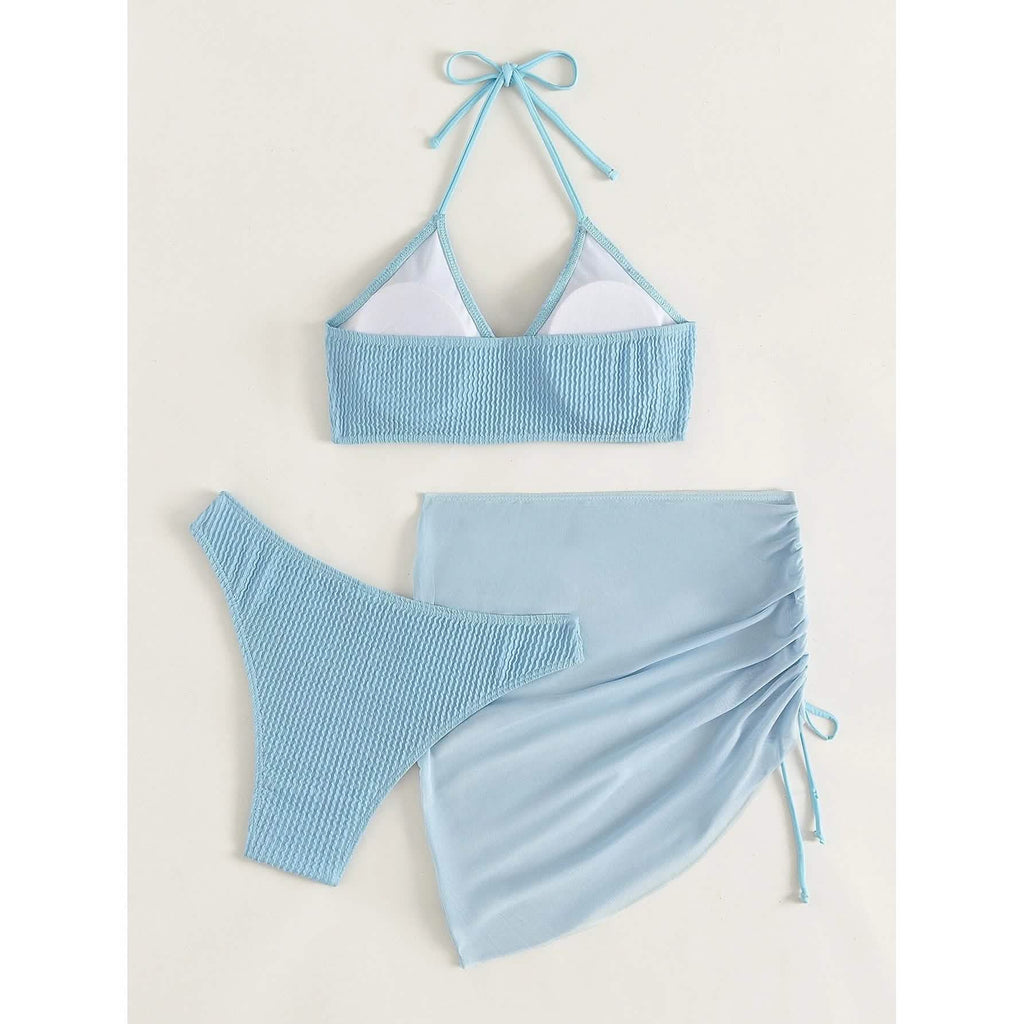 3-Pack: Textured Ring Linked Halter Bikini Swimsuit & Beach Skirt