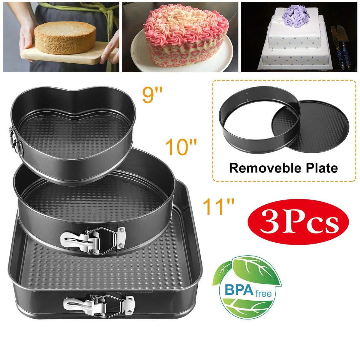 3-Piece: Non-stick Springform Cake Pan Set with Removable Bottom