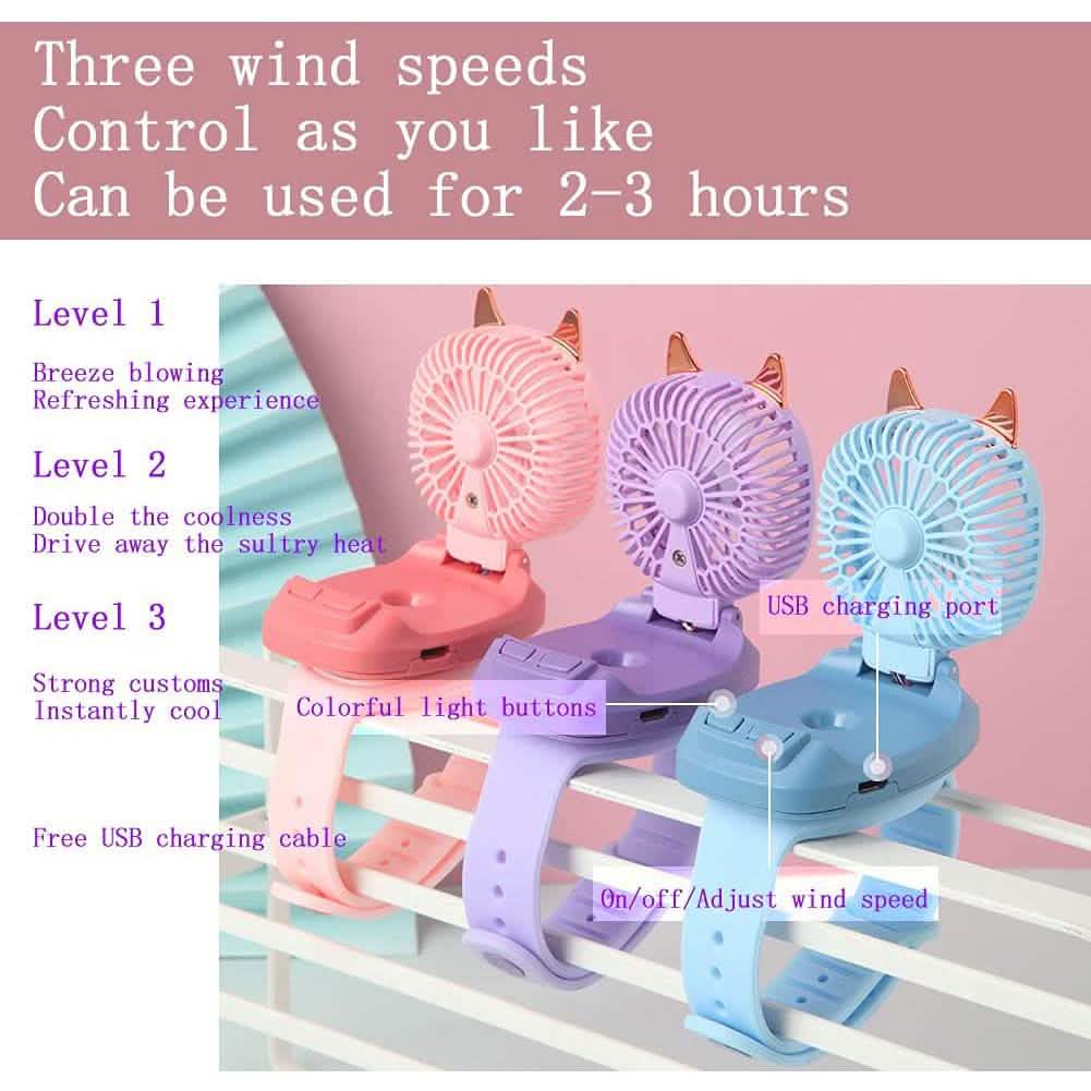 360¬∞Rotation Kids Portable Wrist Strap Mini Watch Hand Held Fan Cat Design