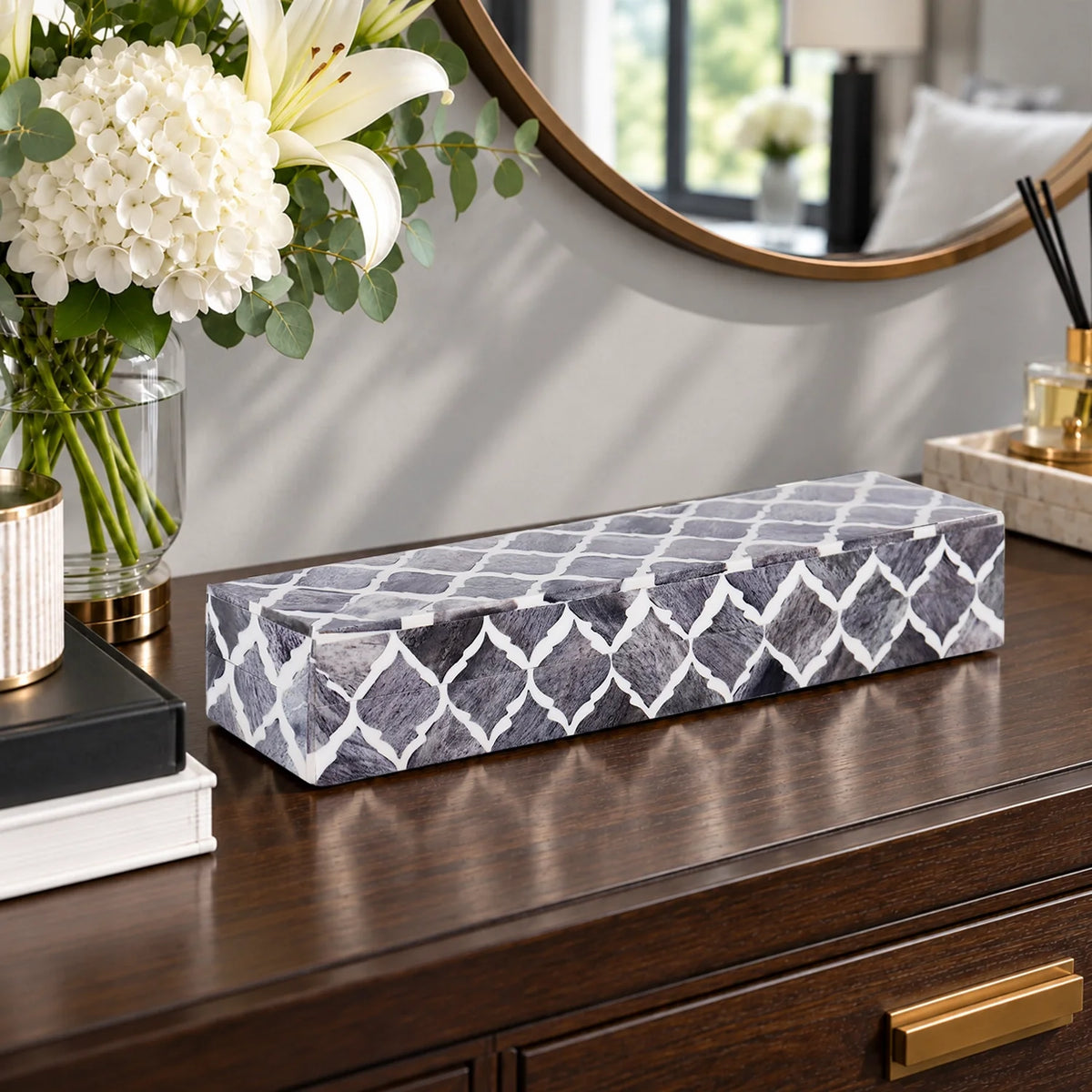 Moroccan Grey & White Resin & Bone Inlay Decorative Storage Box — (7 Sizes)