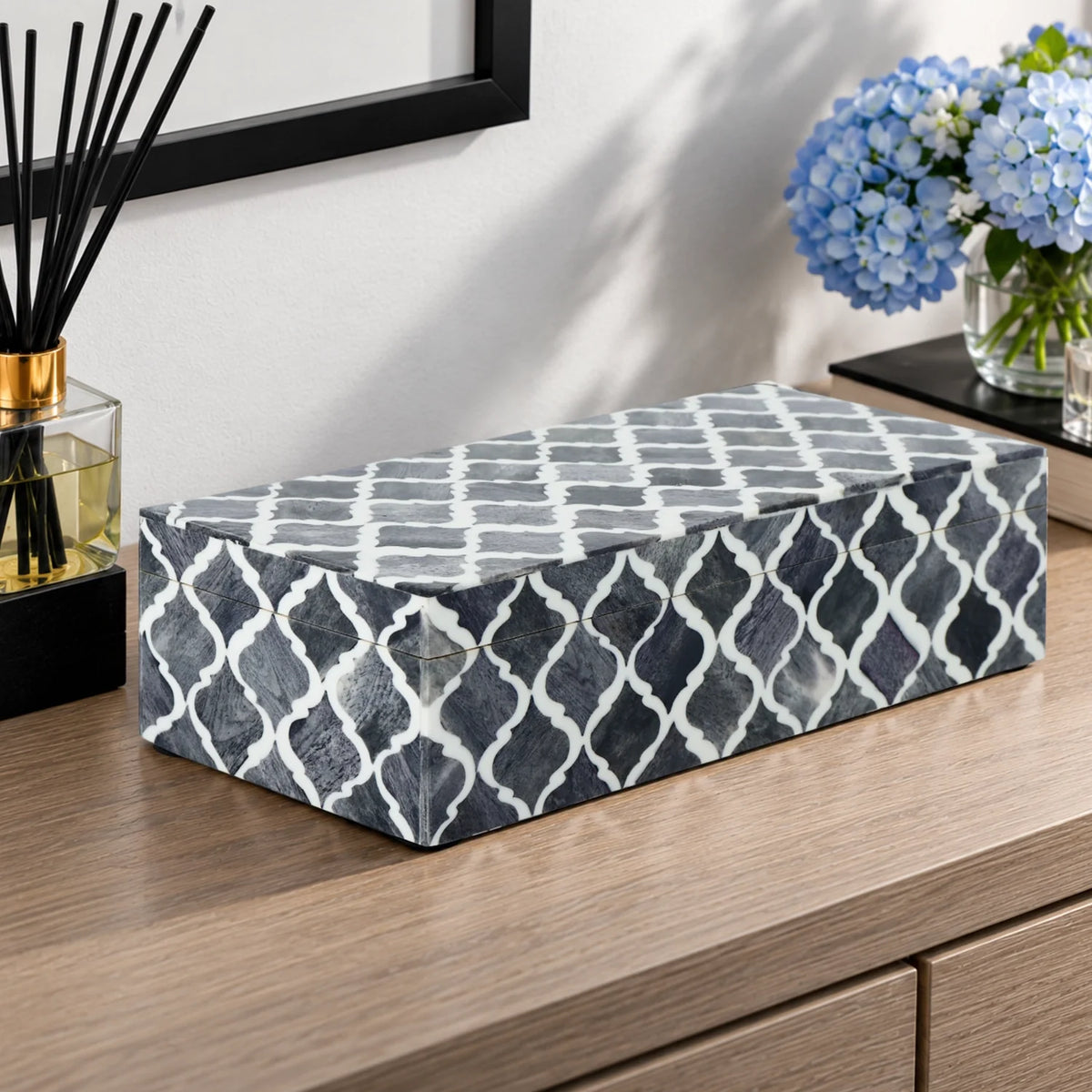 Moroccan Grey & White Resin & Bone Inlay Decorative Storage Box — (7 Sizes)