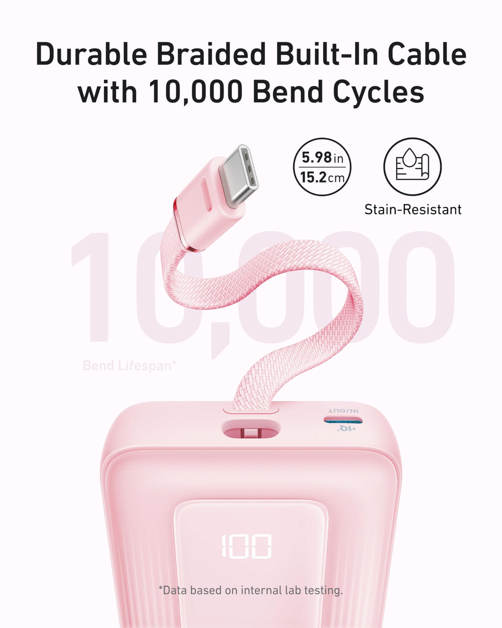 Anker Zolo Power Bank (10K, 30W) with a 5.4-inch (13.7 cm) built-in USB-C cable.