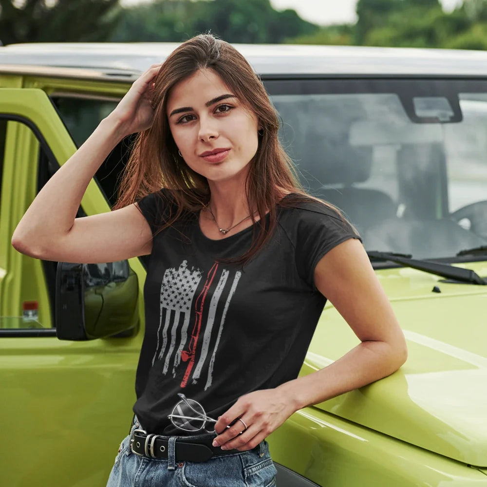 Fishing Rod American Flag T-Shirt for Women