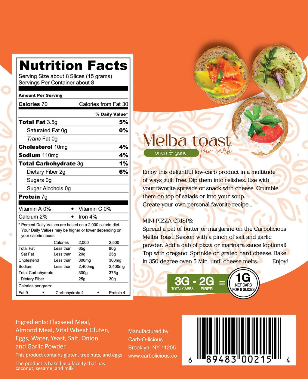 Carbolicious Melba Toast Low-Carb  Sugar Free (ONION & GARLIC) 4oz 1g net carbs per 8 Slices