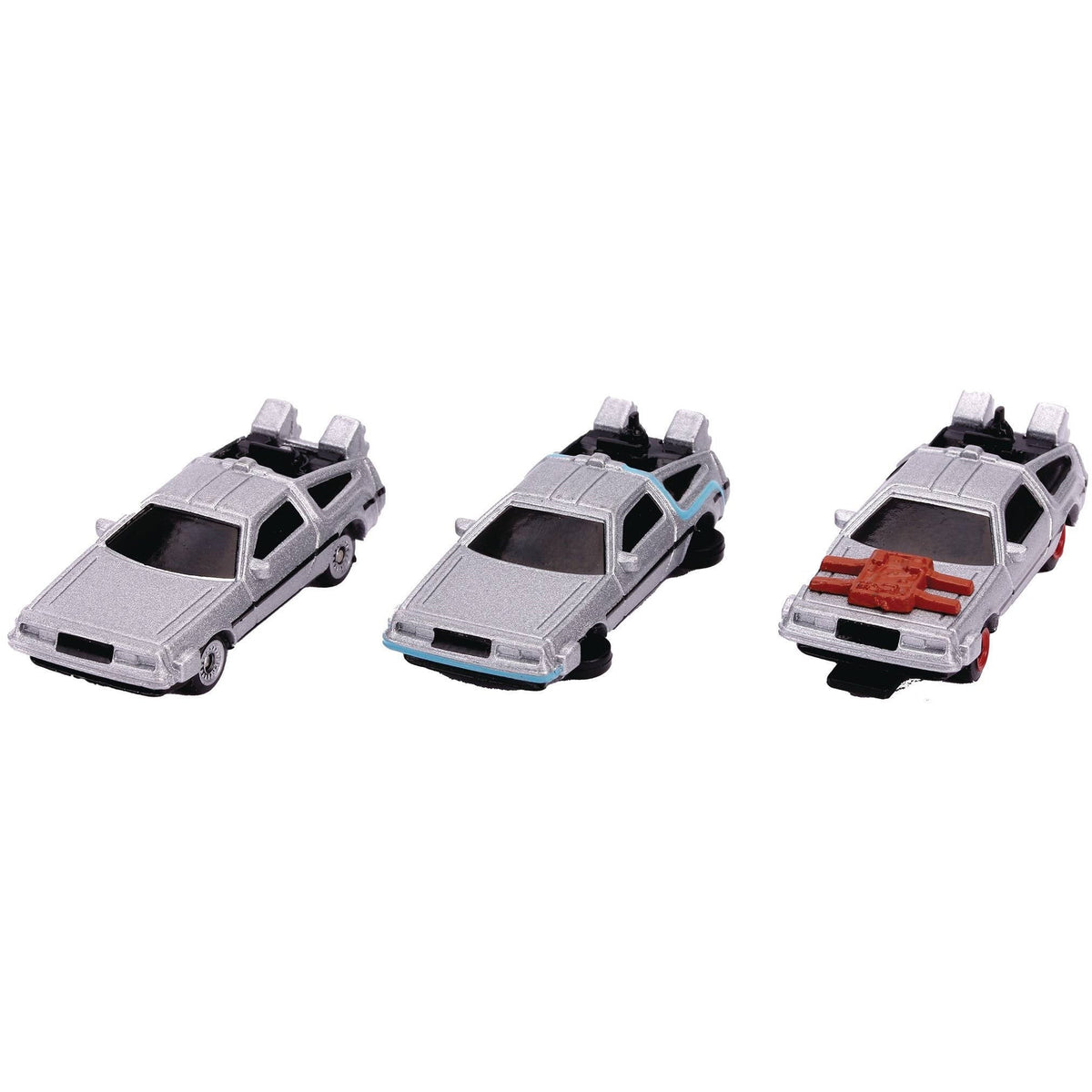 Back to the Future Trilogy die-cast 1⅔-inch Nano "Hollywood Rides" DeLorean Time Machine 3-pack