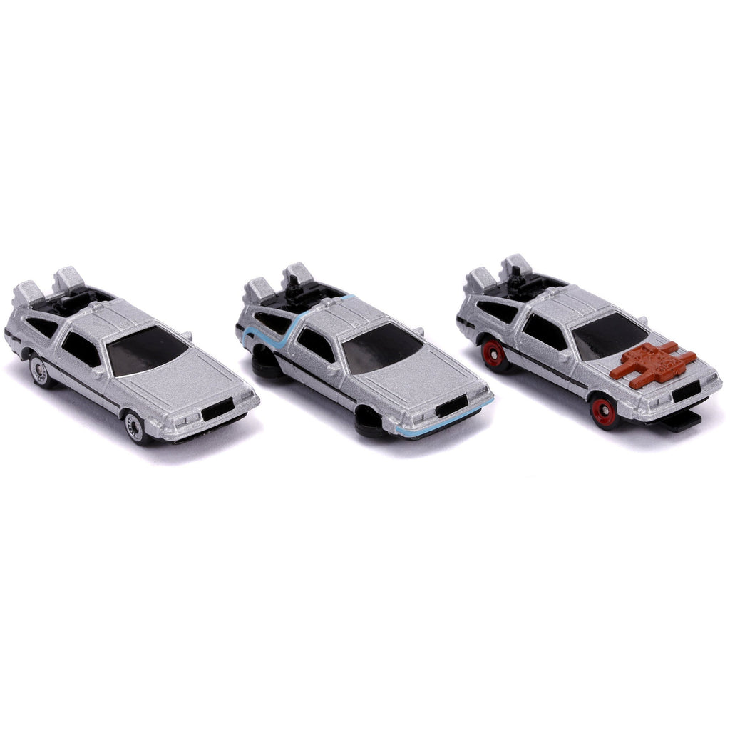 Back to the Future Trilogy die-cast 1⅔-inch Nano "Hollywood Rides" DeLorean Time Machine 3-pack
