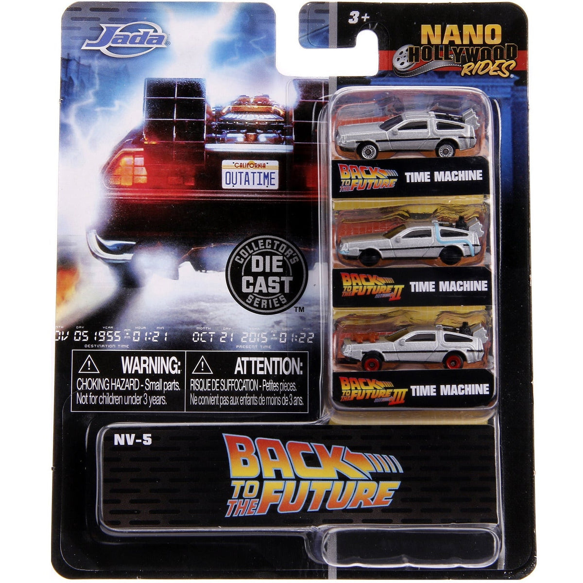 Back to the Future Trilogy die-cast 1⅔-inch Nano "Hollywood Rides" DeLorean Time Machine 3-pack