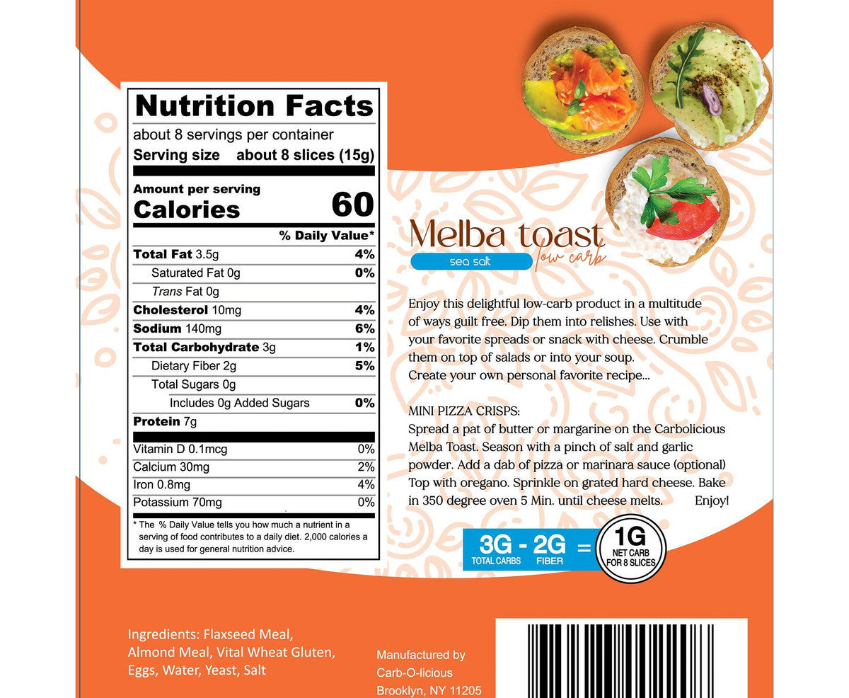 Carbolicious Melba Toast Low-Carb Sugar Free (Sea Salt), 4oz - 1 Pack. Only 1 Carb for 8 Slices!