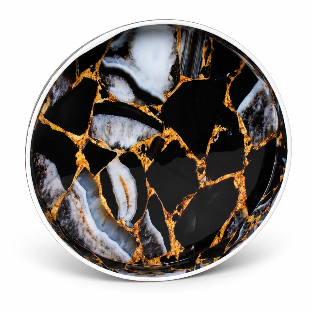 Round Resin Inlay Tray Black, Gold & Smoky Grey Marble 12"