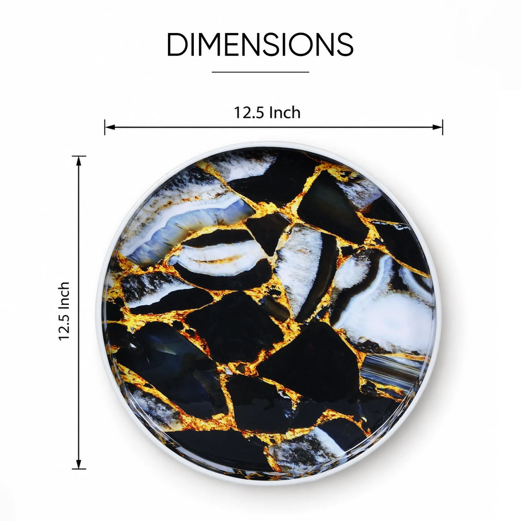 Round Resin Inlay Tray Black, Gold & Smoky Grey Marble 12"