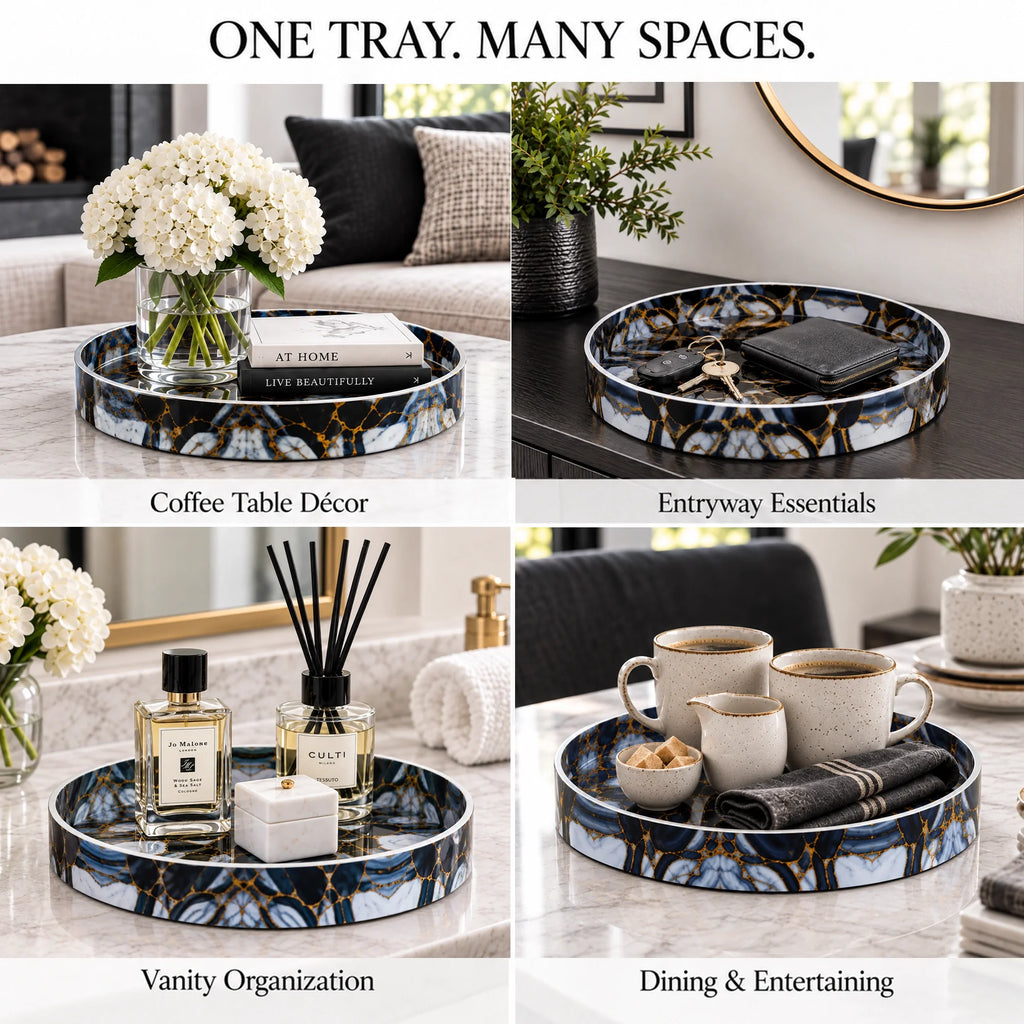 Round Resin Inlay Tray Black, Gold & Smoky Grey Marble 12"