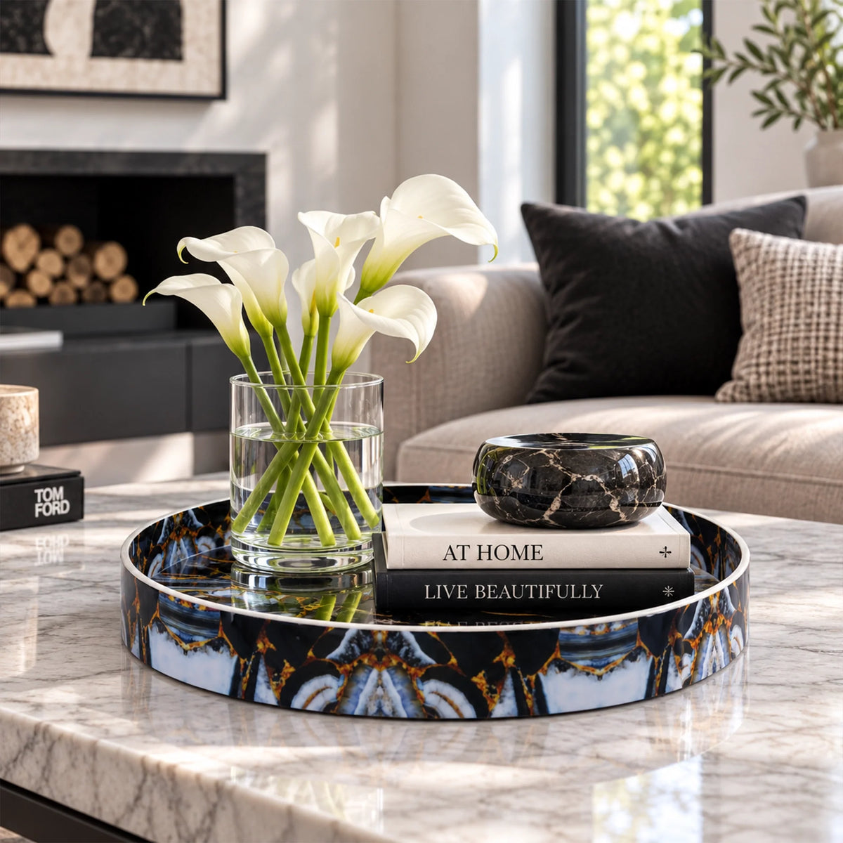 Round Resin Inlay Tray Black, Gold & Smoky Grey Marble 12"