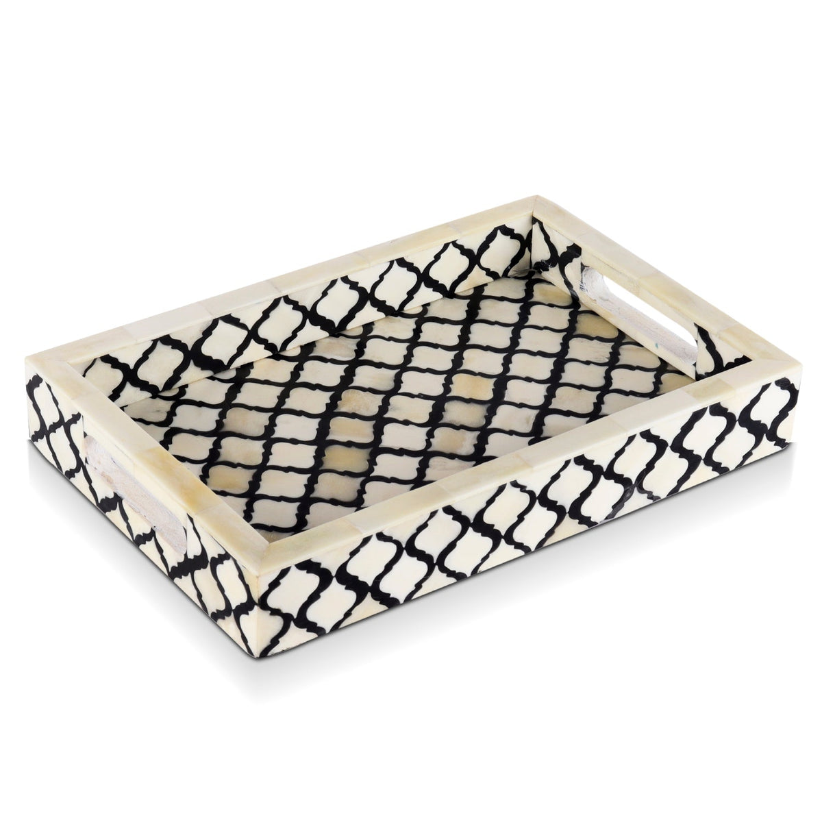 Decorative Tray Moroccan Pattern Bone & Resin Inlay, Black & White, 3 Sizes