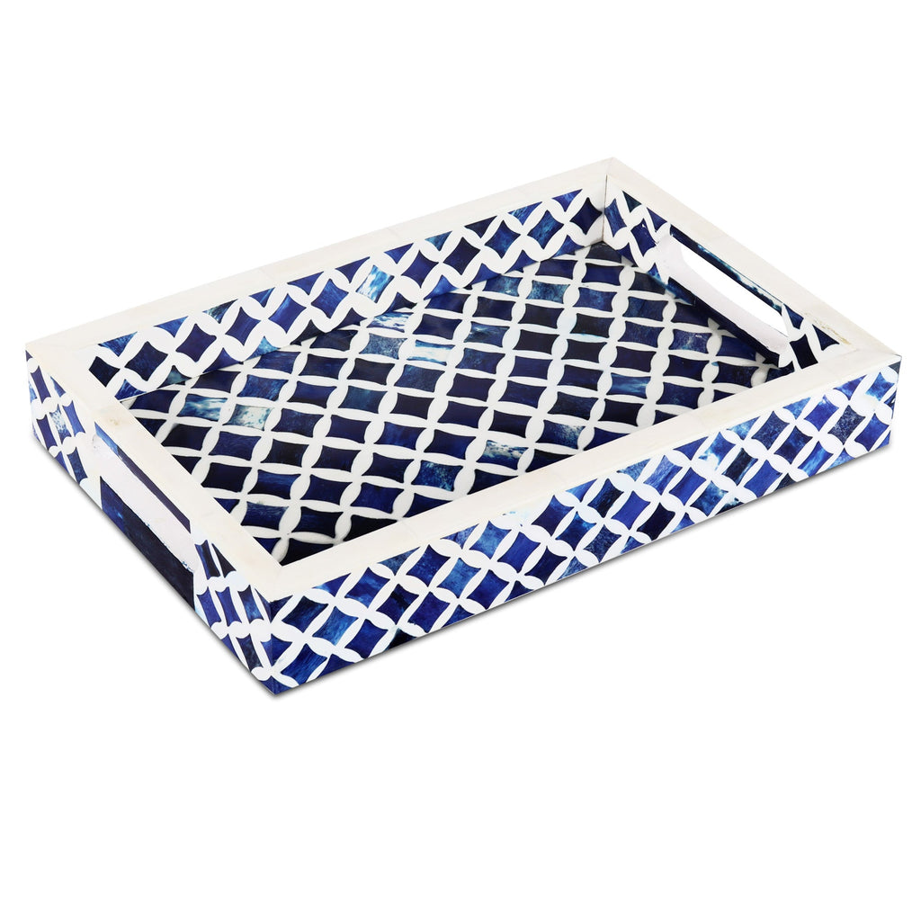 Decorative Tray Indigo Collection Bone & Resin Inlay, Blue & White, 12"x 8"