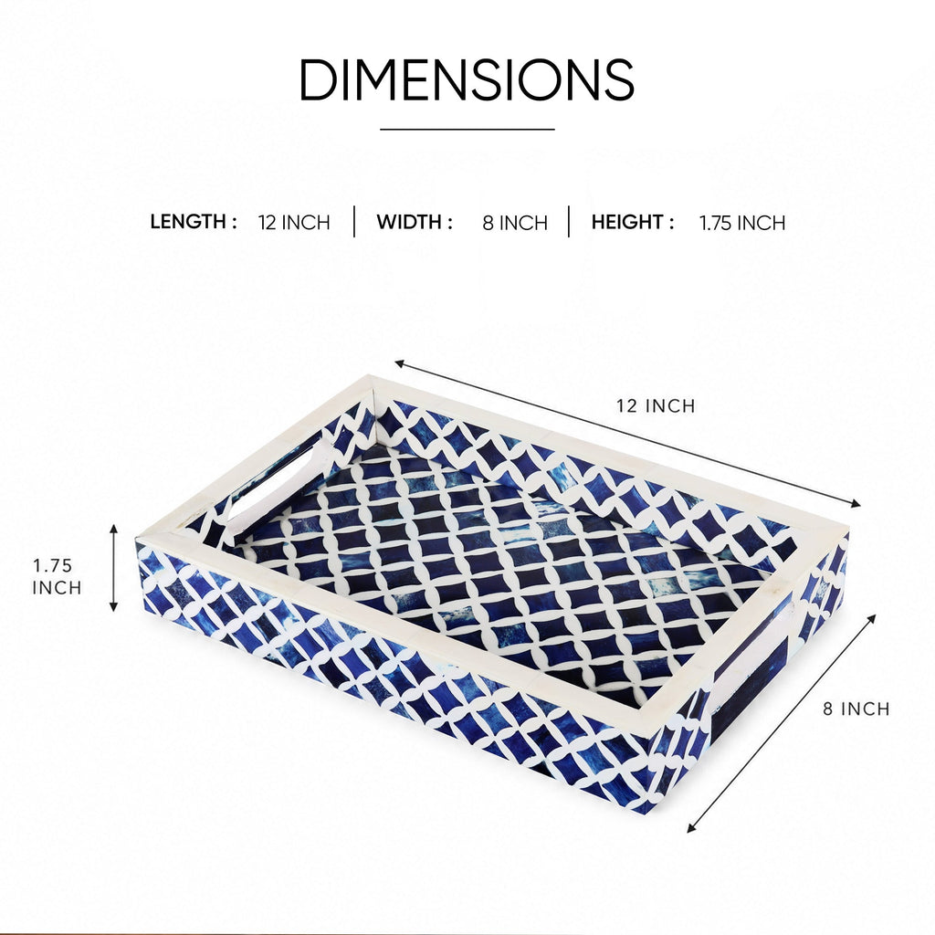 Decorative Tray Indigo Collection Bone & Resin Inlay, Blue & White, 12"x 8"
