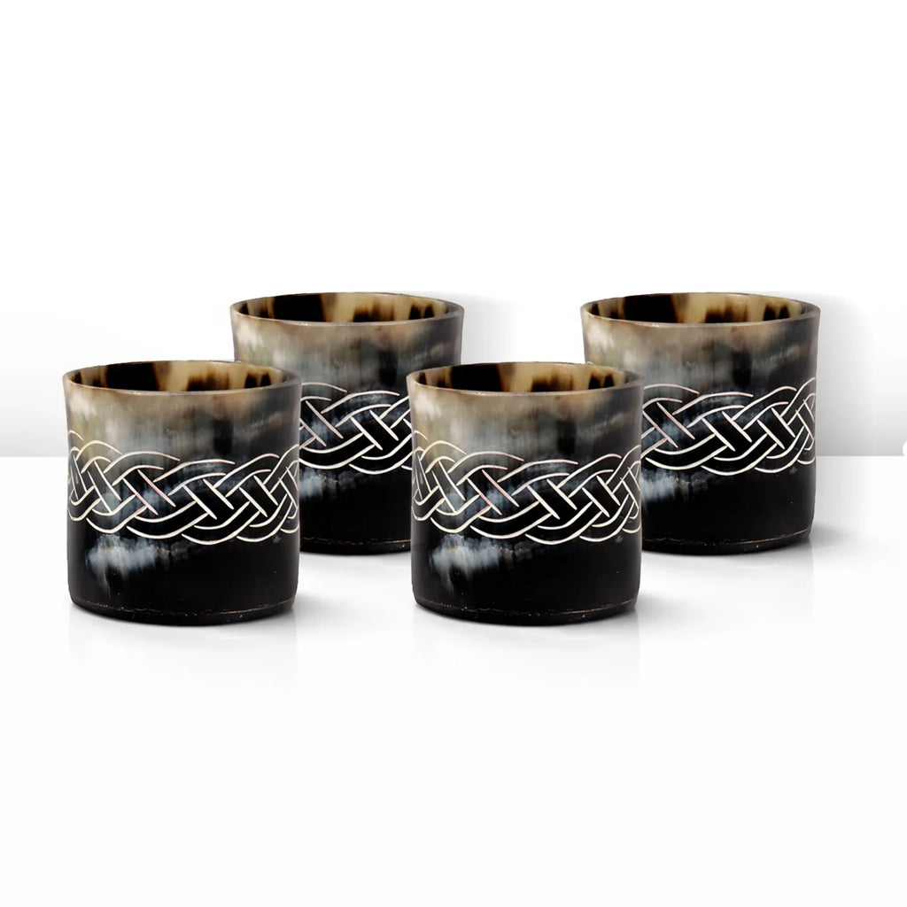 Whiskey Shot Cups Set Knot Pattern Real Ox Horn 6.5 oz, Pack 4, 8 & 12