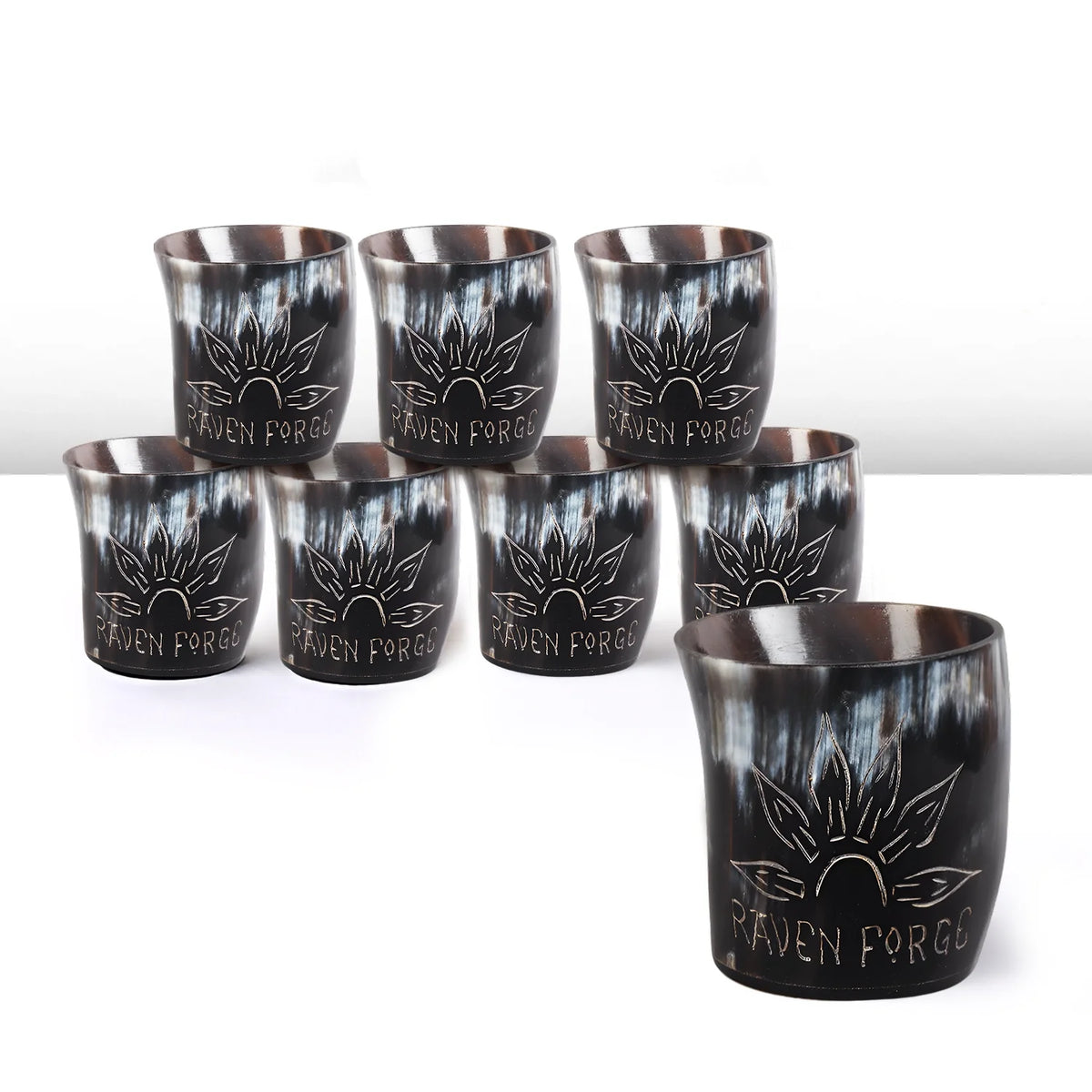 Whiskey Shot Cups Set Sunburst Pattern Real Ox Horn 6.5 oz, Pack 4, 8 & 12