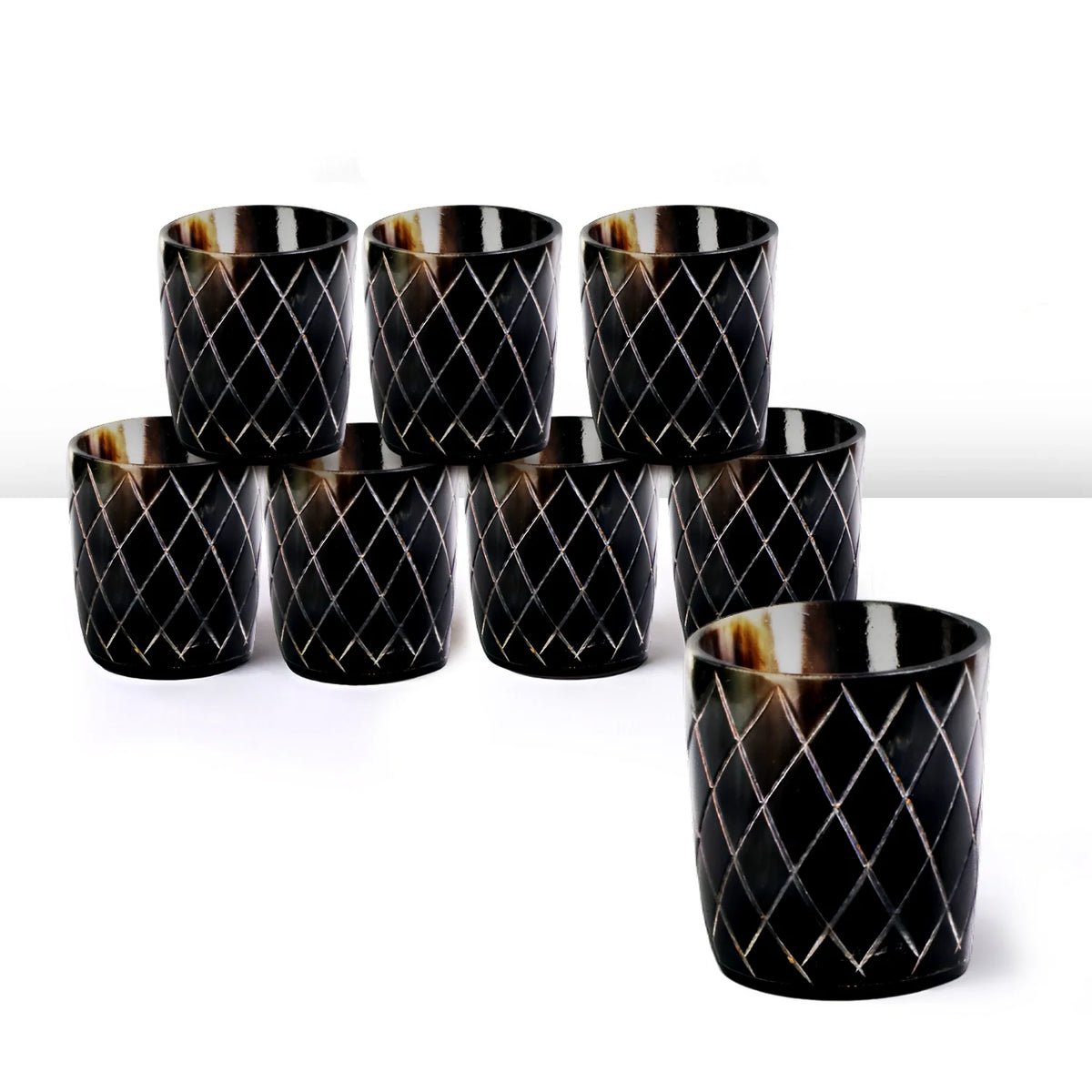 Whiskey Shot Cups Set Crisscross Pattern Real Ox Horn 6.5 oz, Pack 4, 8 & 12