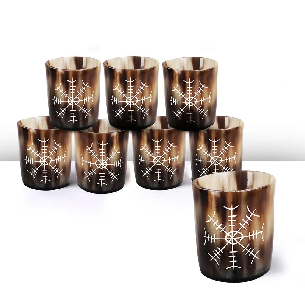 Whiskey Shot Cups Set Nordic Compass Pattern Real Ox Horn 6.5 oz, Pack 4, 8 & 12