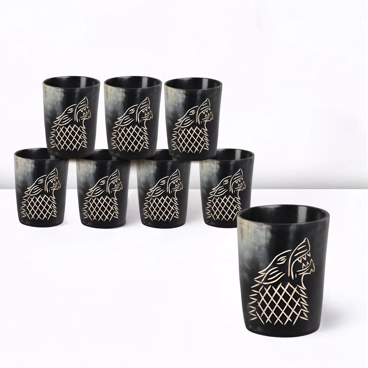 Whiskey Shot Cups Set Viking Wolf Pattern Real Ox Horn 6.5 oz, Pack 4, 8 & 12