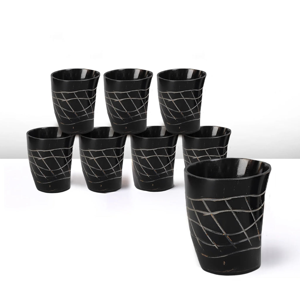 Whiskey Shot Cups Set Web Pattern Real Ox Horn 6.5 oz, Pack 4, 8 & 12