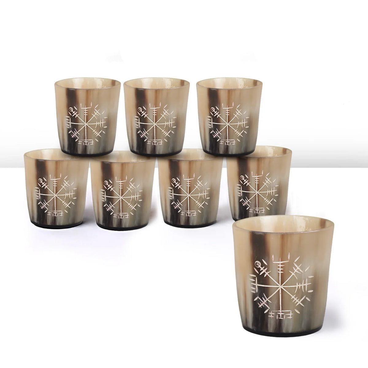 Whiskey Shot Cups Set Wayfinder Pattern Real Ox Horn 6.5 oz, Pack 4, 8 & 12