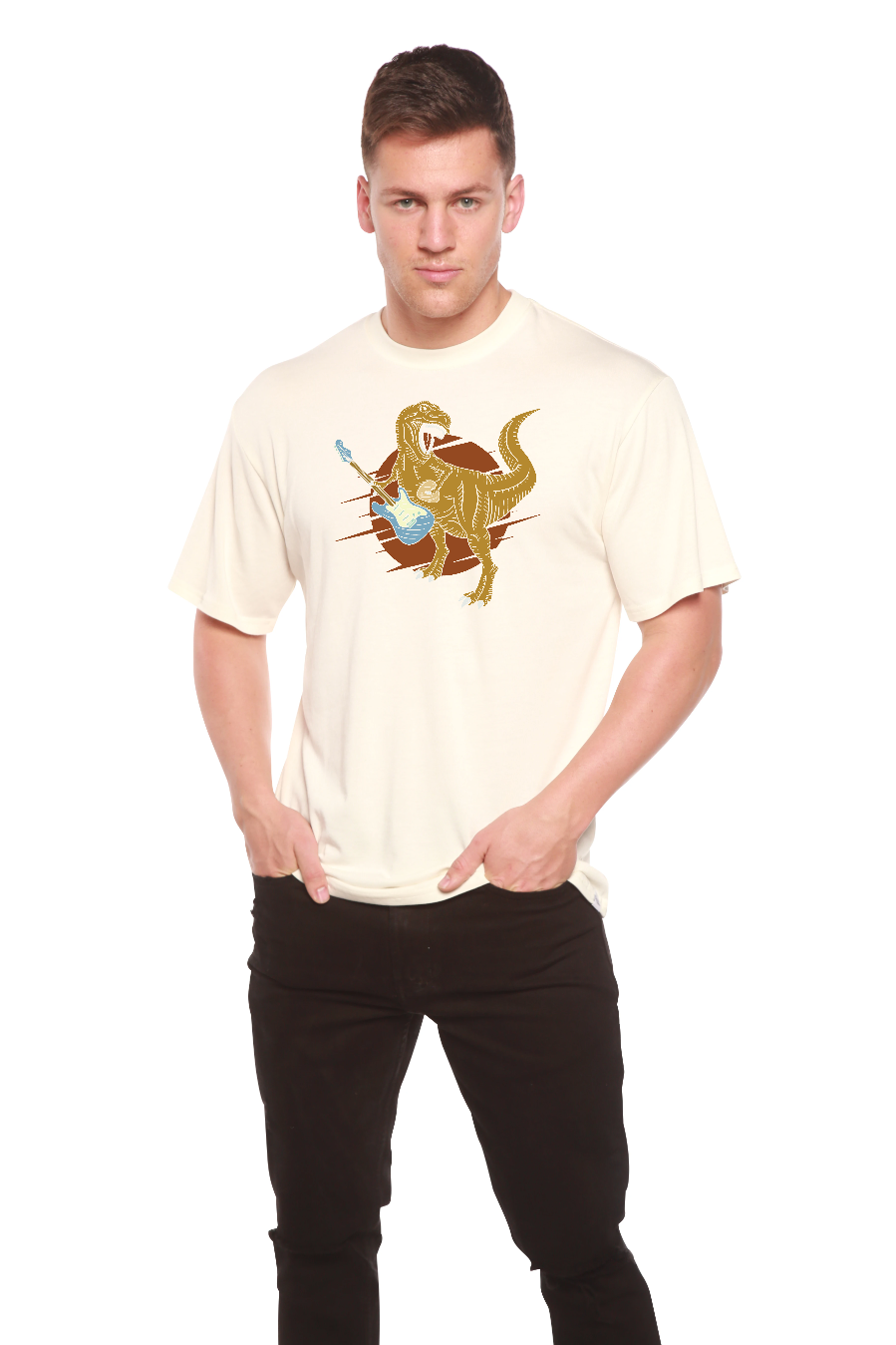 Dinosaur with a guitar Men's Bamboo Viscose/Organic Cotton Short Sleeve Graphic T-Shirt