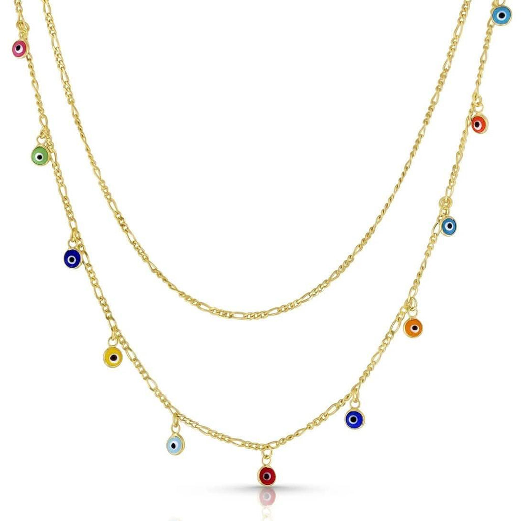 Double Strand Figaro Evil Eye Drop Necklace