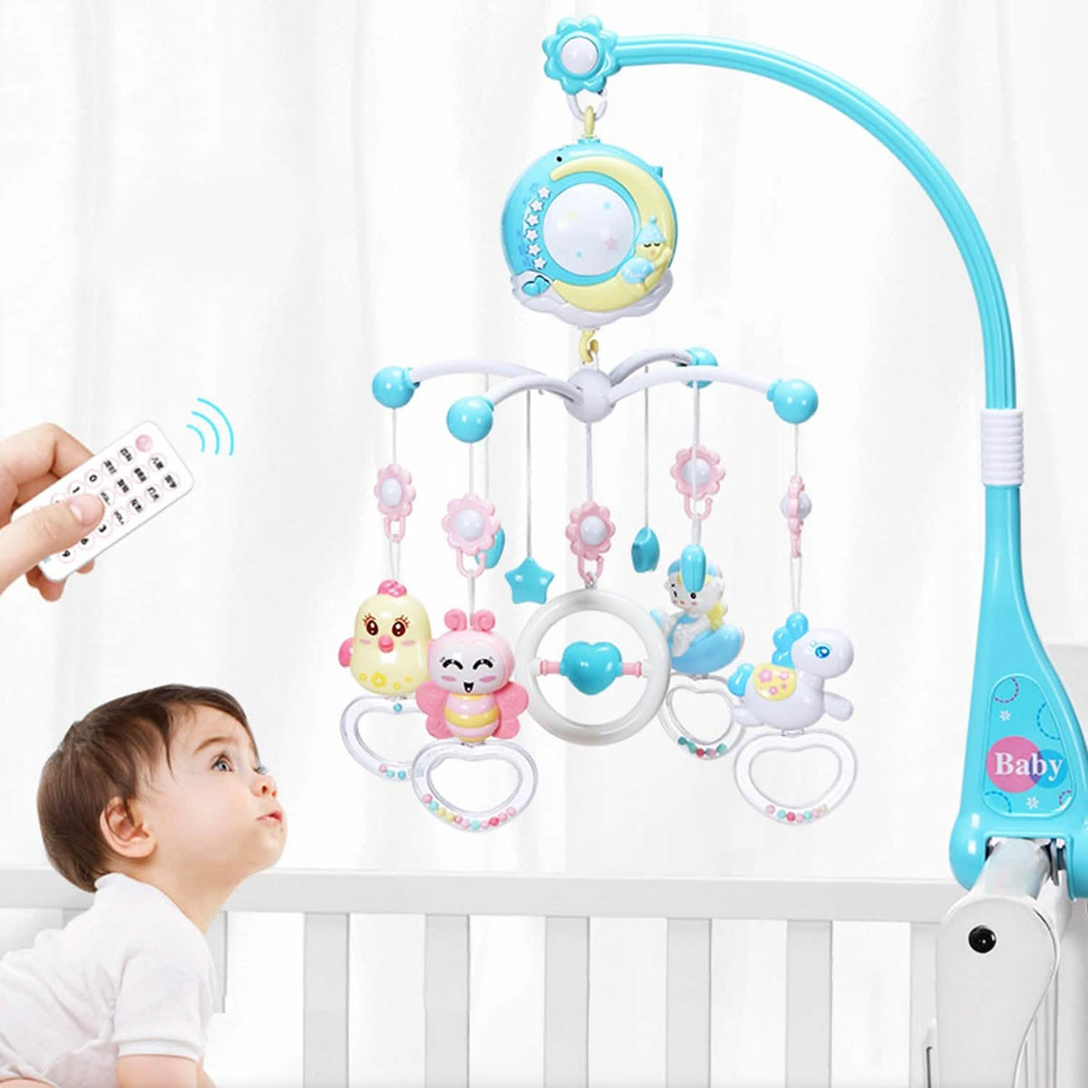 Mobile Star Projection Nursery Light Baby Rattle Toy with Music Box Remote Control