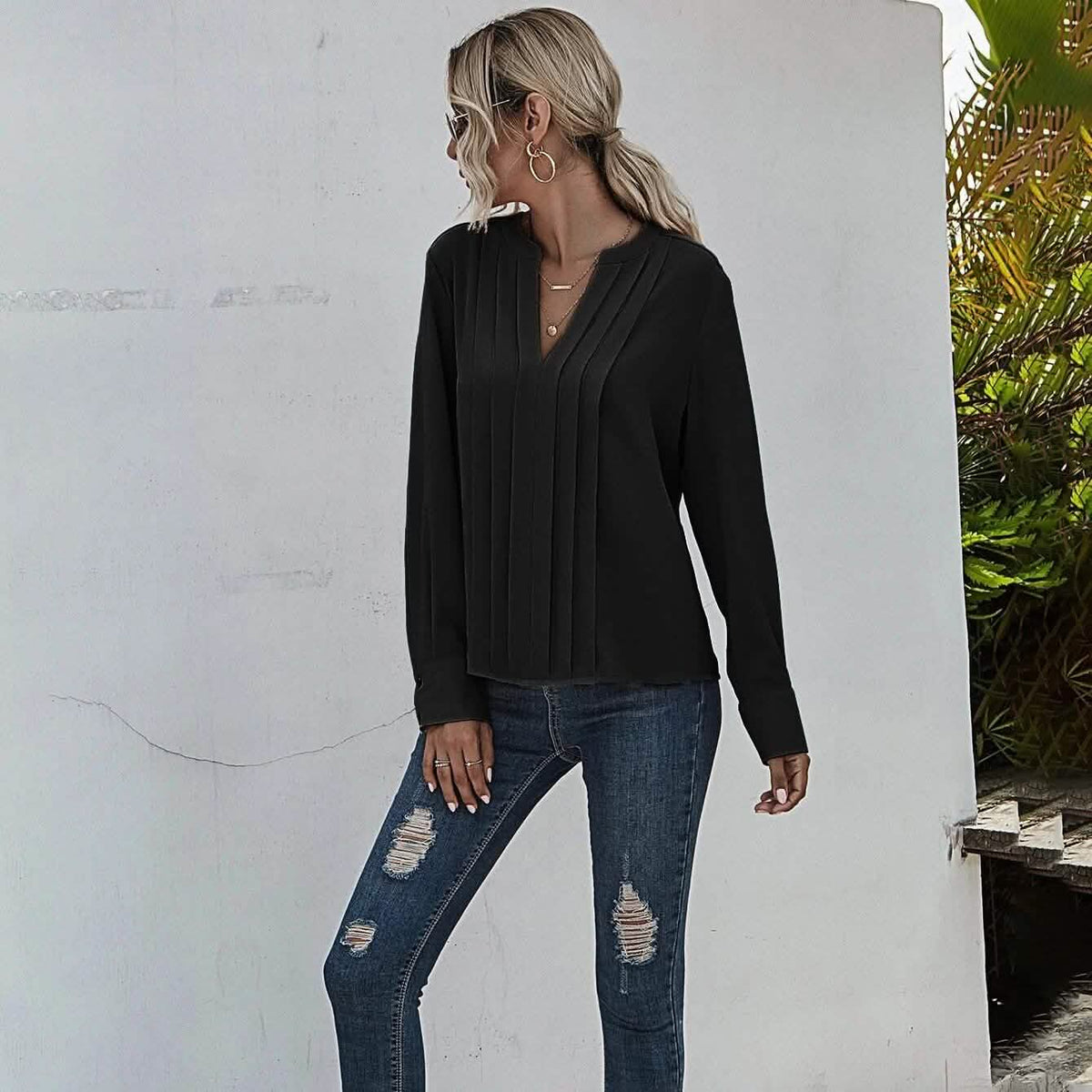 Notched Neck Pleated Decoration Blouse