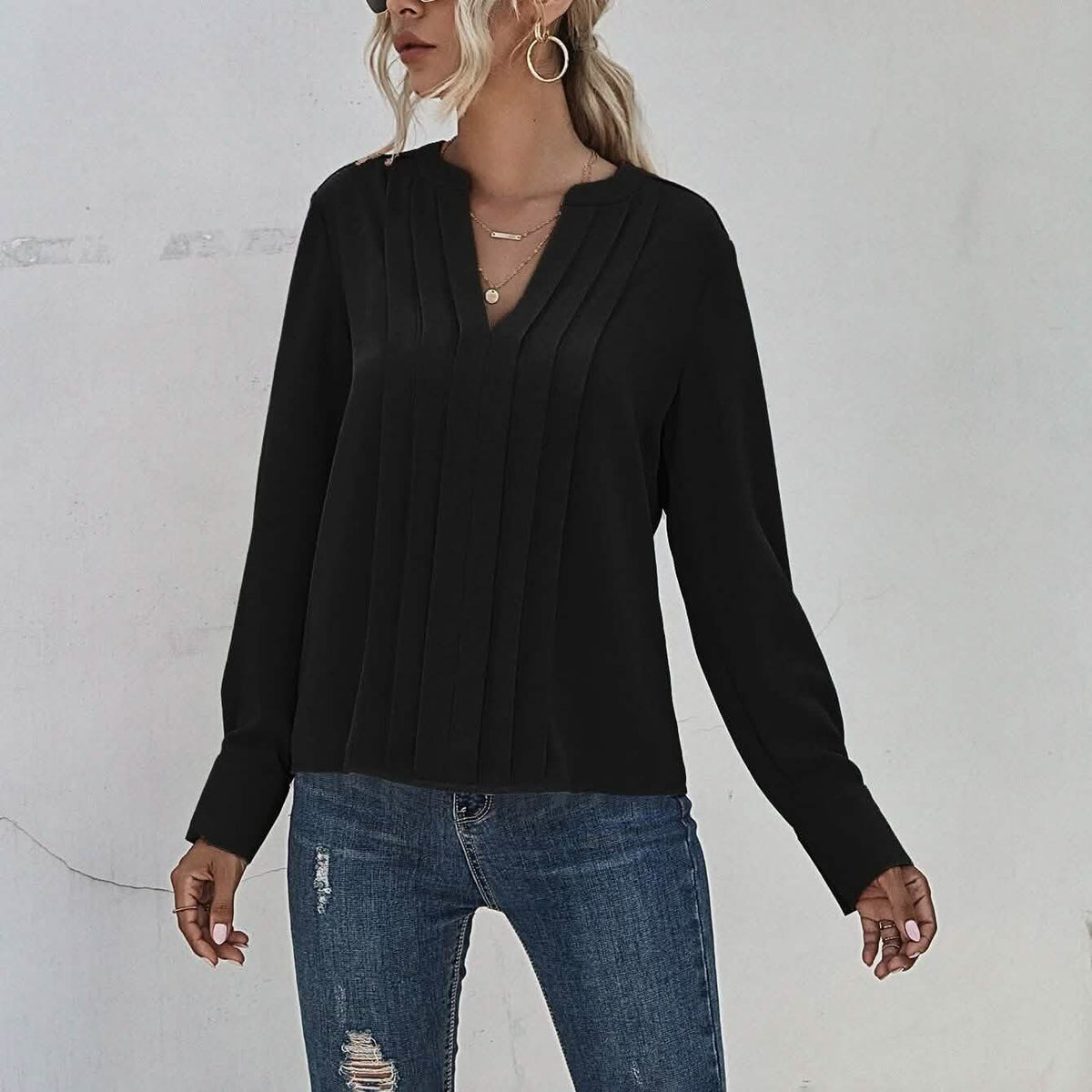 Notched Neck Pleated Decoration Blouse