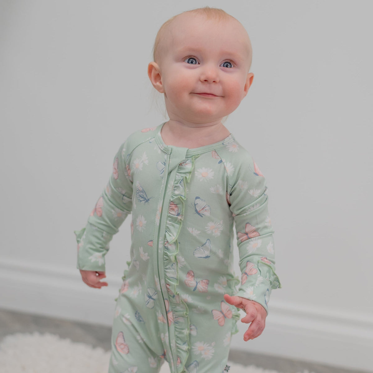 Mint Butterfly Daisy Bamboo Ruffle Baby Footie