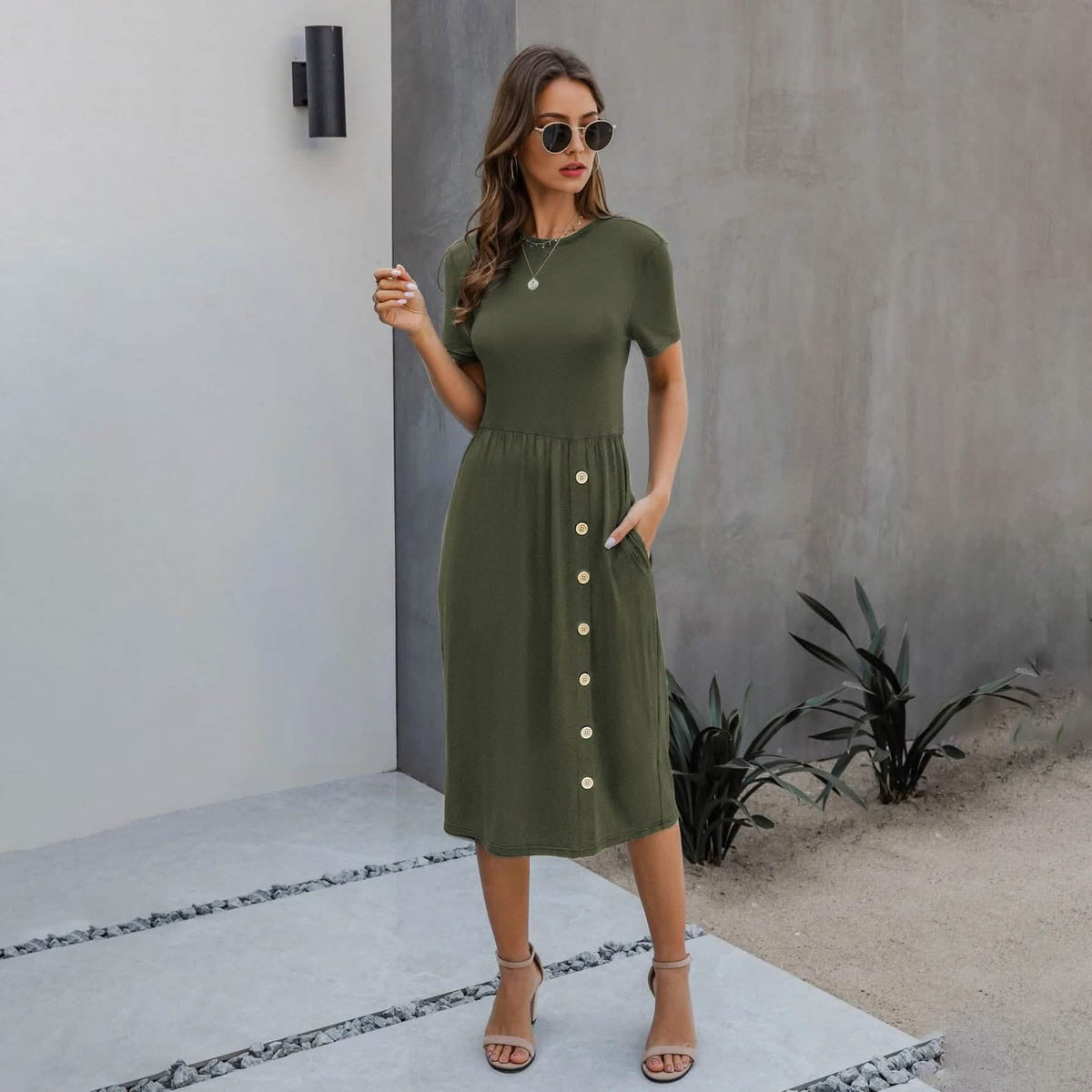 Slant Pocket Button Detail Dress