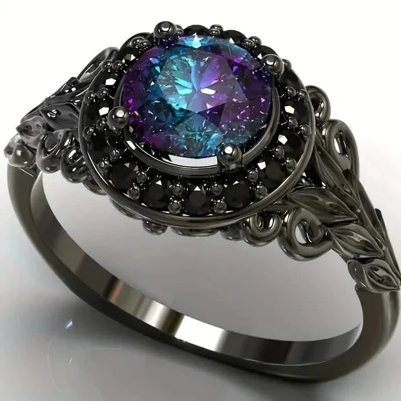 Vintage Gothic Style Synthetic Rainbow Stone Ring with Imitation Black Zirconia