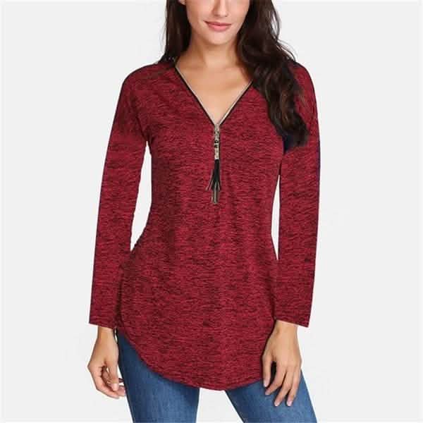 Women V-neck Zipper Long Sleeve Solid Color Top Plus Size Blouse Top