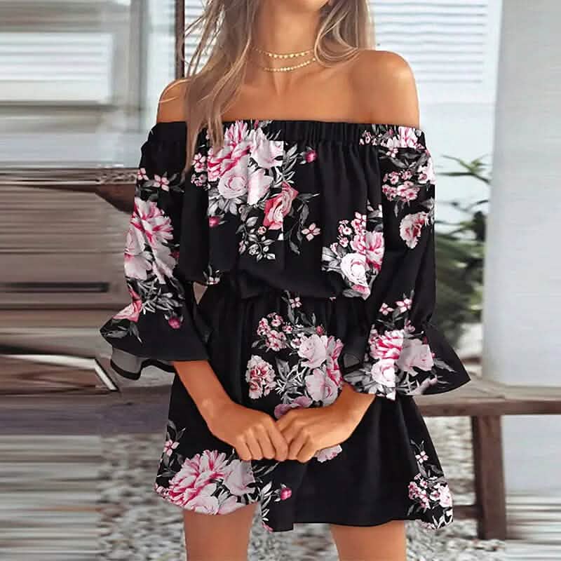 Women's 3/4 Length Sleeve Floral Ruffle Summer Spring Off Shoulder Dress
