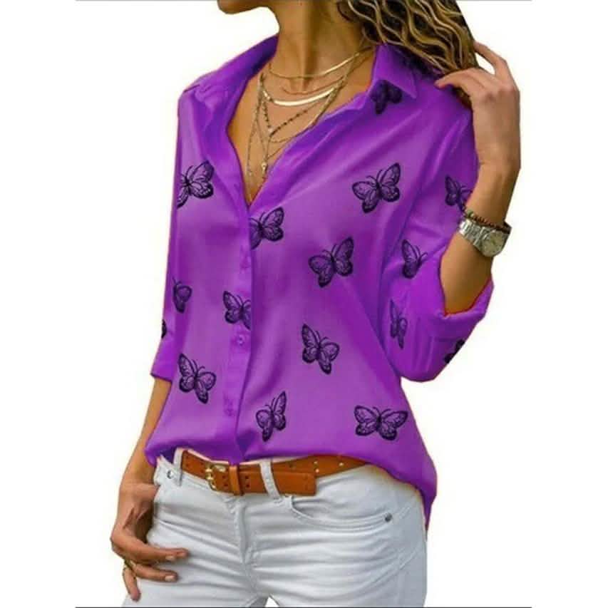 Women's Butterfly Long Sleeve Print Shirt Collar Basic Tops