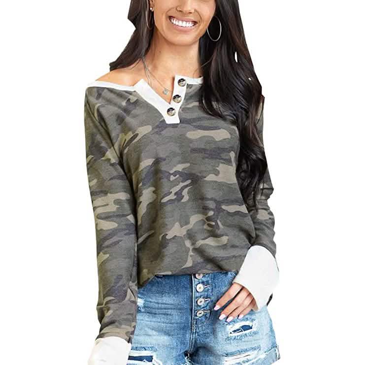 Women's Camouflage Print Casual Leopard Pullover Long Sleeve Sweatshirts