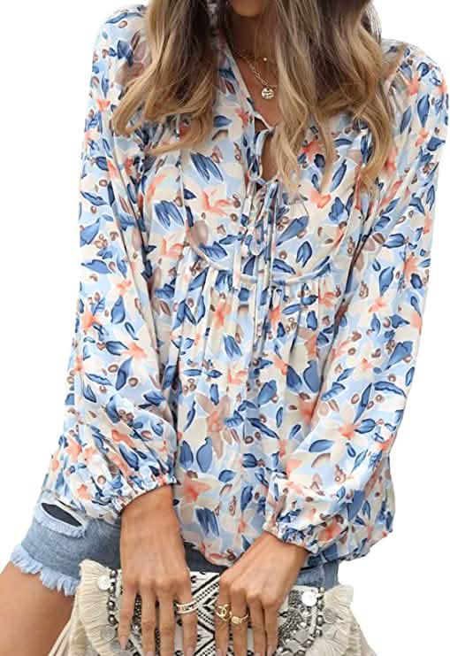 Women's Casual Boho Floral Print V Neck Long Sleeve Top
