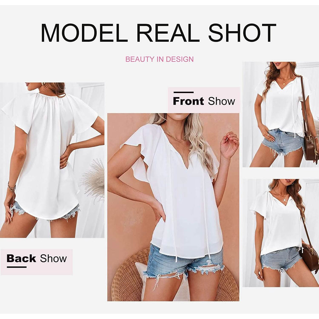 Women's Casual Boho V Neck Tops Drawstring T Shirt