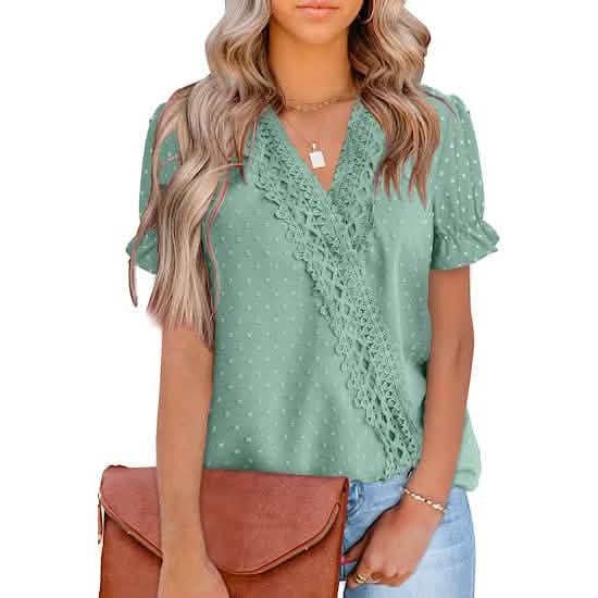 Women's Casual Lace Pom Pom V Neck Chiffon Short Sleeve Top