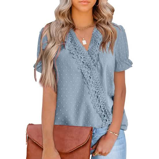 Women's Casual Lace Pom Pom V Neck Chiffon Short Sleeve Top