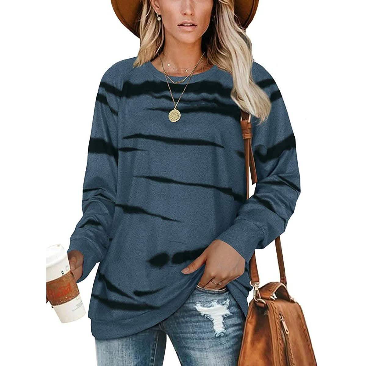 Womens Crewneck Long Sleeve Sweatshirts Striped Casual Tops Printed Loose Pullover Shirts