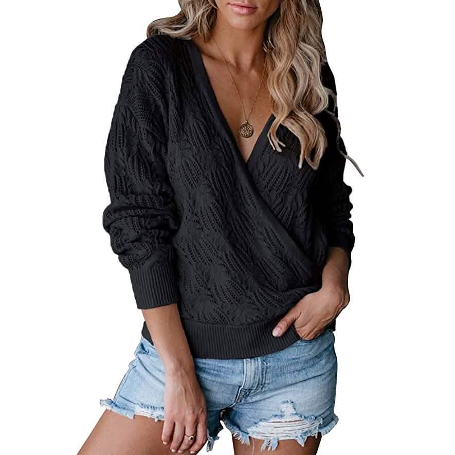 Women's Deep V Neck Long Sleeve Crochet Tops