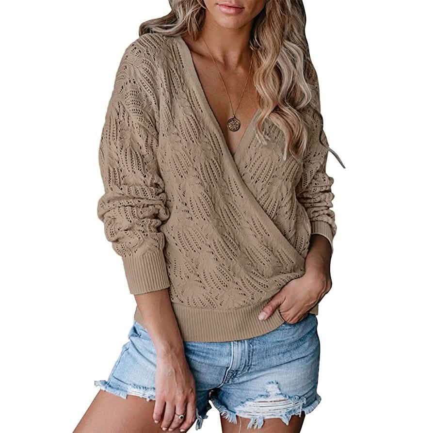 Women's Deep V Neck Long Sleeve Crochet Tops