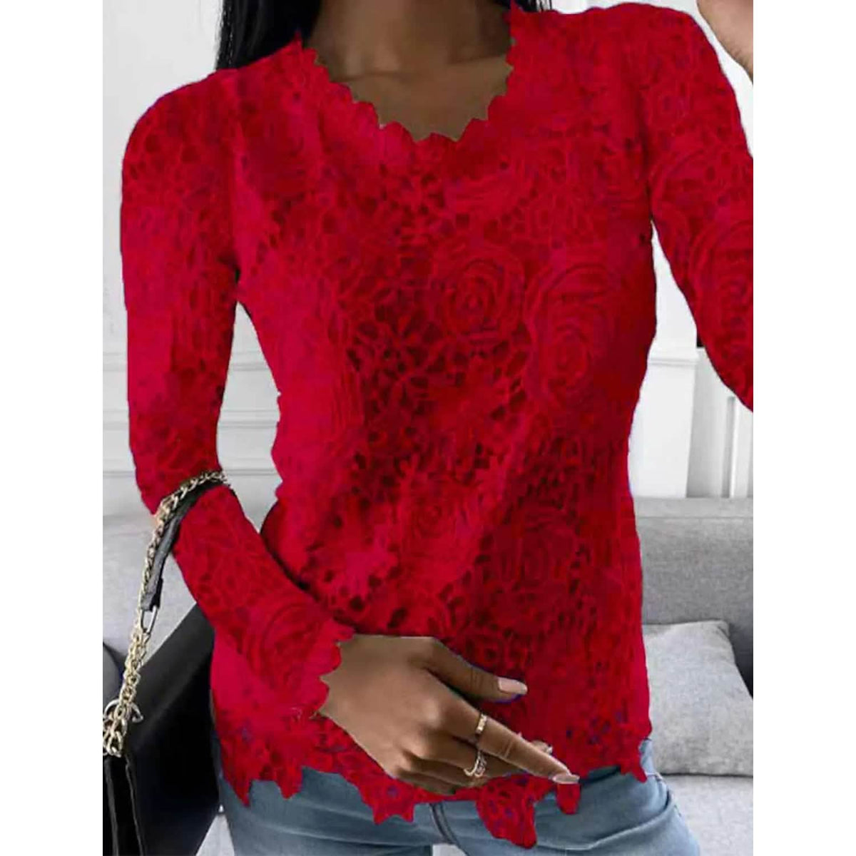 Women's Floral Lace Long Sleeve Blouse Shirt