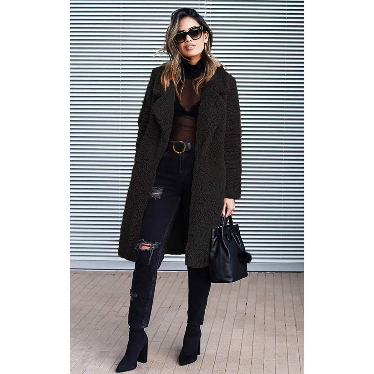 Women's Fuzzy Fleece Lapel Open Front Long Cardigan Coat