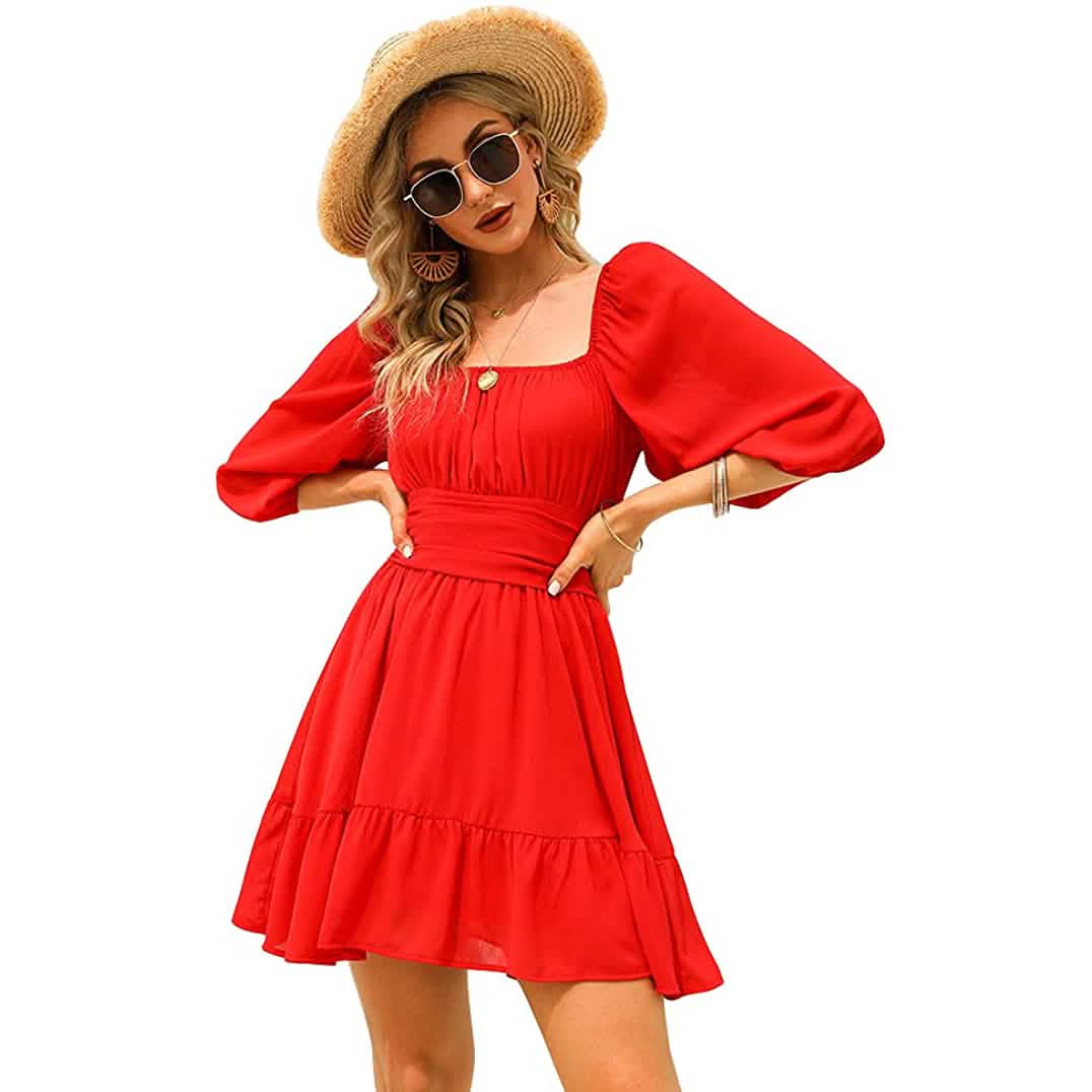 Women's Lantern Sleeve Tie Back Mini Dress